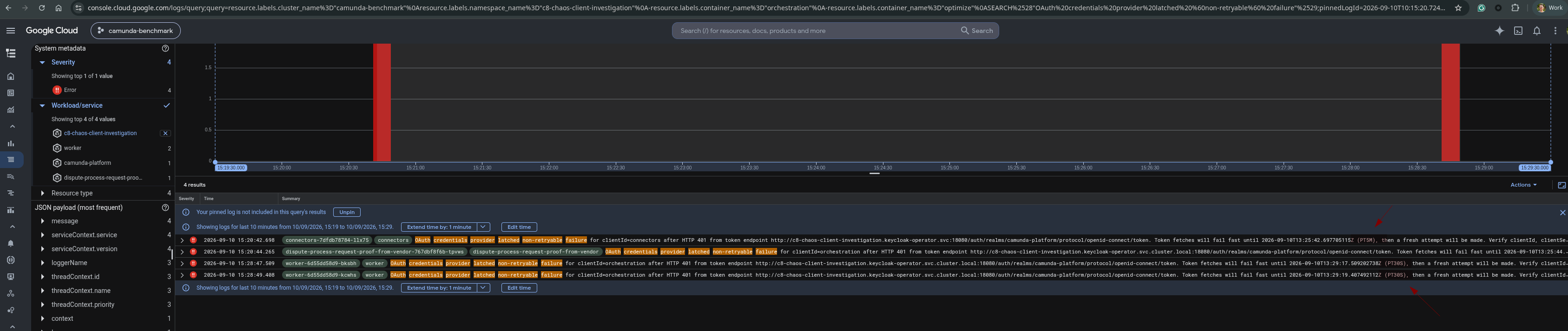 Cloud Logging query confirming the OAuth latch message after the config change