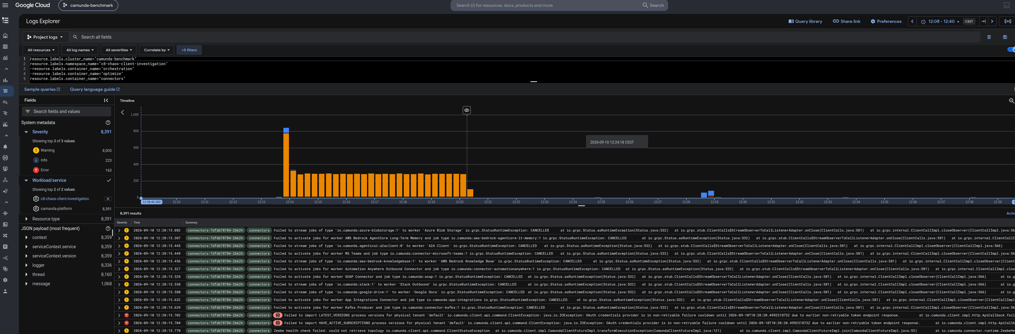 Cloud Logging showing connectors and a client repeatedly failing to activate/stream jobs with CANCELLED status during the bootstrap window