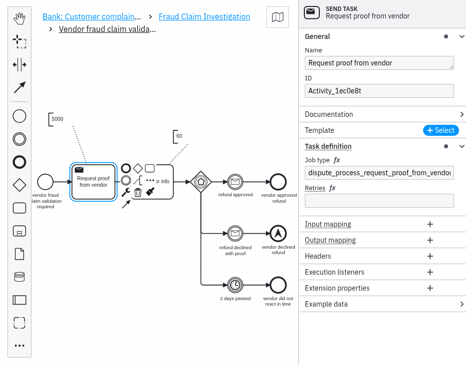 The "Request proof from vendor" send task inside Vendor fraud claim validation, with job type dispute_process_request_proof_from_vendor