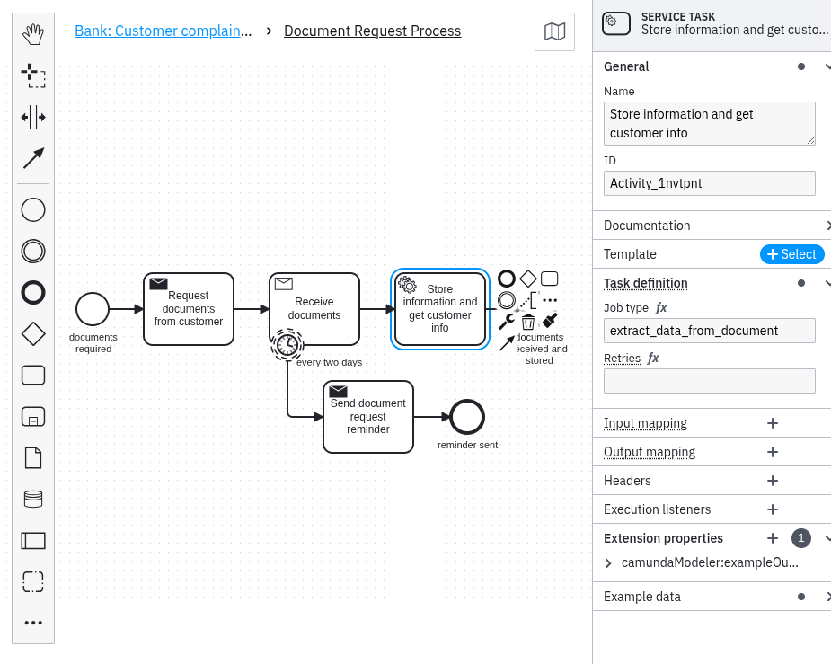The "Store information and get customer info" service task in Camunda Modeler, with job type extract_data_from_document