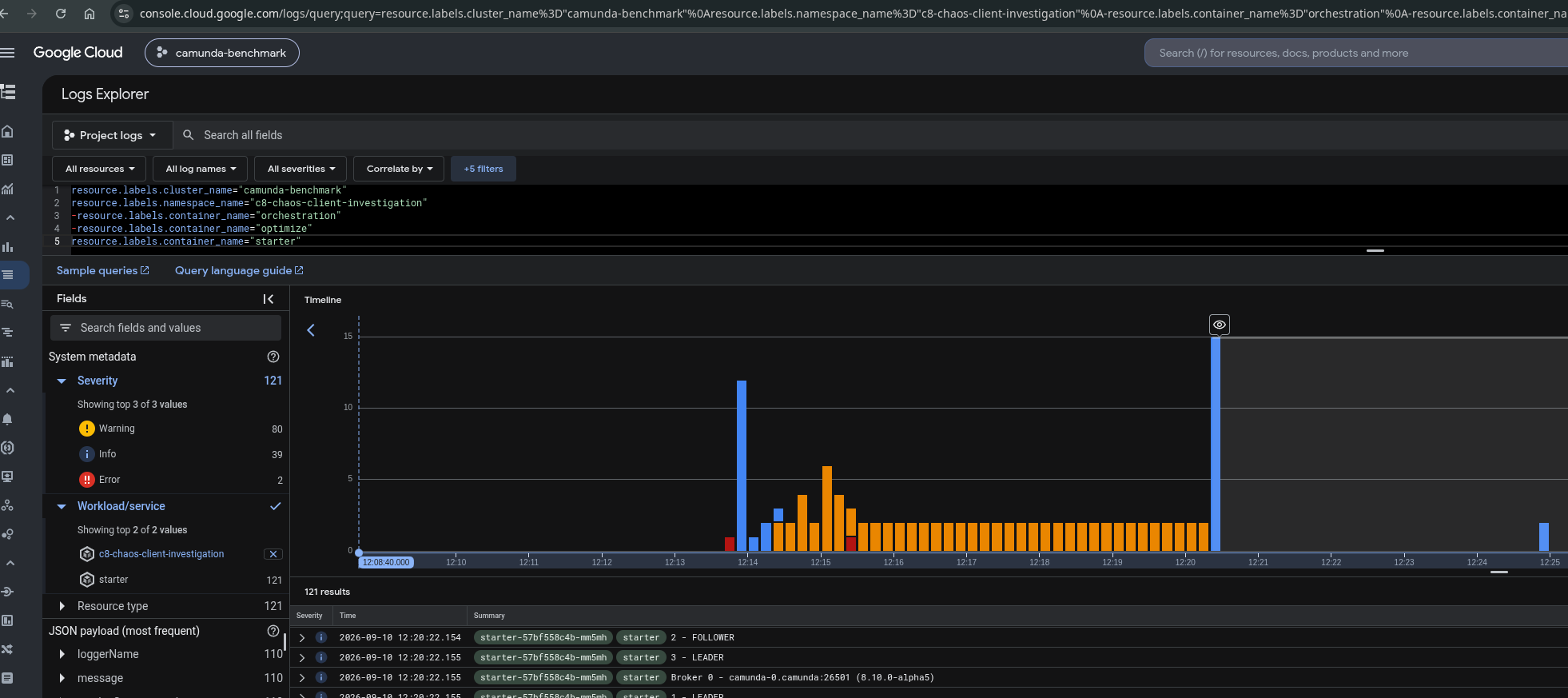 Cloud Logging showing the starter failing the same way while camunda itself is still coming up