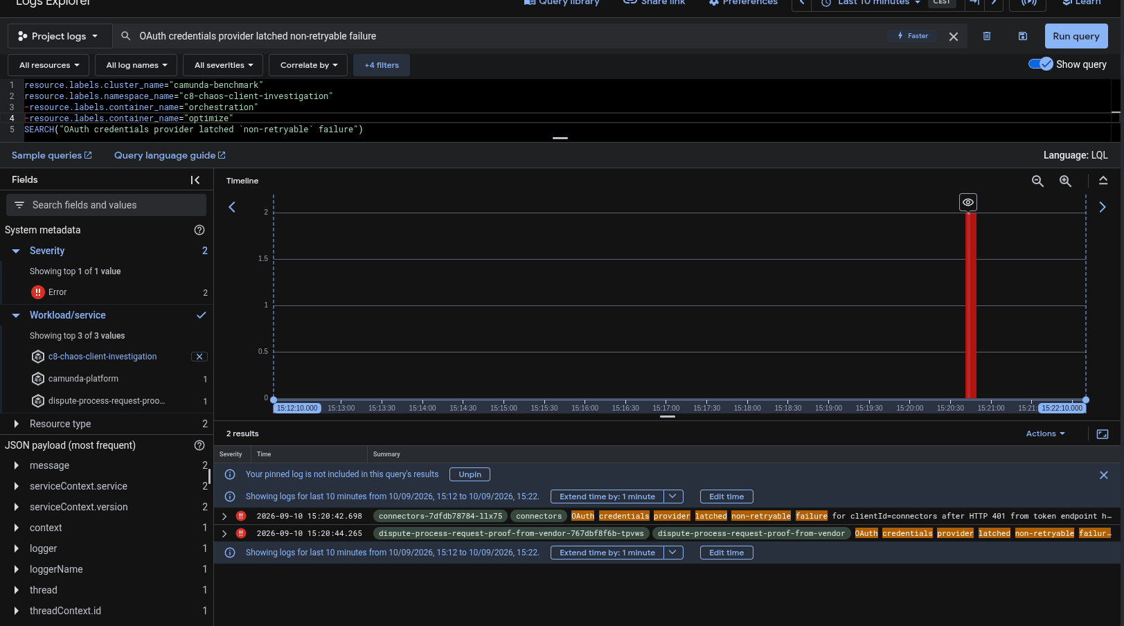 Cloud Logging timeline showing the latch firing once, briefly, right after the config change